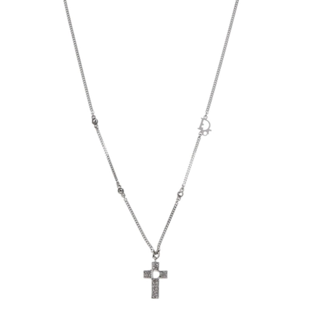 Auth Vtg Christian Dior Silver Logo Crystal Cross Charm Pendant Chain Necklace